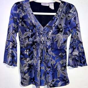 Worthington Blue Floral Ruffle Sheer 3/4 Sleeve Blouse